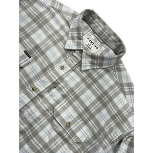 Poncho Snowcat Flannel Shirt Mens XL White Gray Blue Plaid Magnetic Pockets